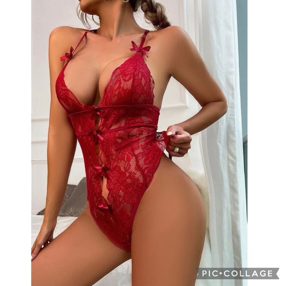 Sexy Burgundy Bow Cut Out Teddy Size Large - Picture 5 of 6